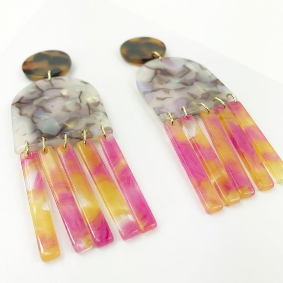 Gray Tab & Fringe Earrings w/ Pink & Yellow Fringe - Picture 2 of 7